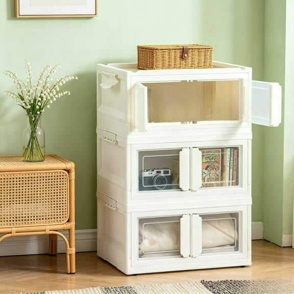3 Tier Foldable Plastic Storage Cabinet White Stackable Organizer with Transparent Doors, Collapsible Bins for Bedroom Living Room Home
