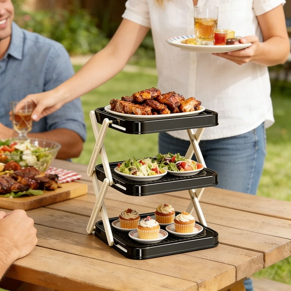 3 Tier Foldable Plate Rack Vertical Dish Storage Rack Collapsible Serving Tray Stand For Kitchen Bbq Use