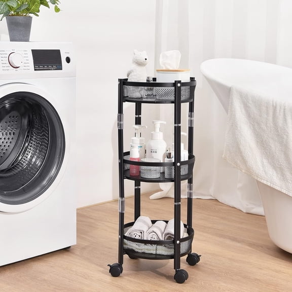 3-Tier Foldable Rolling Cart, Collapsible Metal Utility Cart with Wheels, Assembly-Free, Round Storage Organizer Trolley for Kitchen, Bathroom, Dorm, Nursery, Black