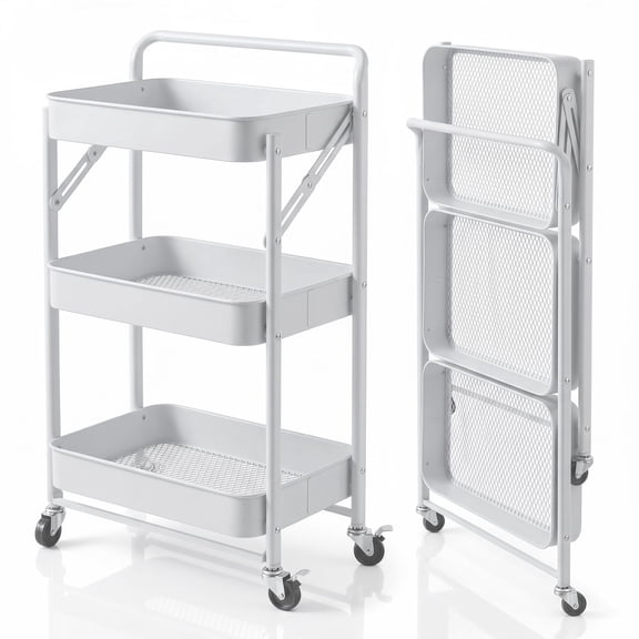 3 Tier Foldable Rolling Cart with Handle & Wheels, Portable Metal No Assembly Organizer, Collapsible Standing Utility Storage Rack for Kitchen Pantry Office, Black