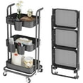 thumbnail image 1 of 3 Tier Foldable Rolling Cart, Metal Utility Cart with Lockable Wheels, Folding Storage Trolley, 3 Small Baskets and 6 Hooks for Living Room, Kitchen, Bathroom, Bedroom and Office, Black, 1 of 13