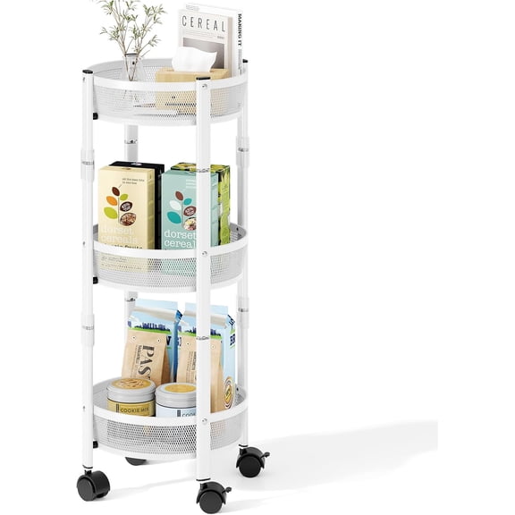 3 Tier Foldable Rolling Cart, Metal Utility Storage Cart, White