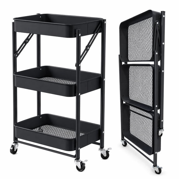 3 Tier Foldable Rolling Cart with Wheels, Portable Metal No Assembly Organizer, Collapsible Standing Utility Storage Rack for Kitchen Pantry Office, Black