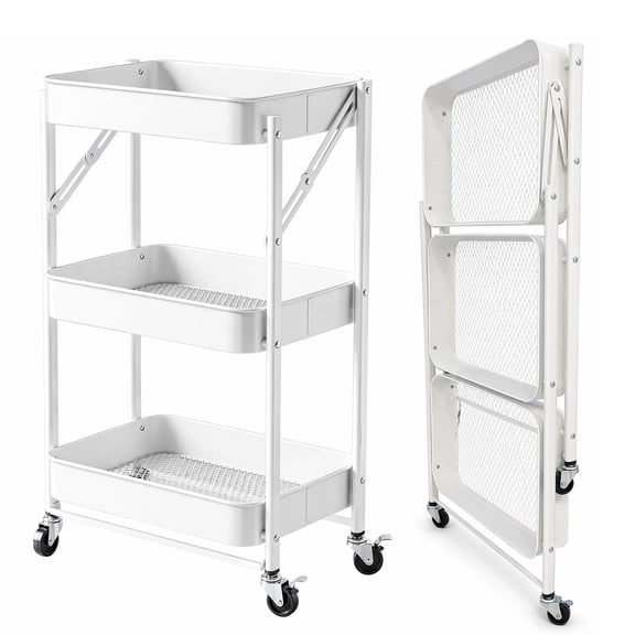 3 Tier Foldable Rolling Cart with Wheels, Portable Metal No Assembly Organizer, Collapsible Standing Utility Storage Rack for Kitchen Pantry Office, White