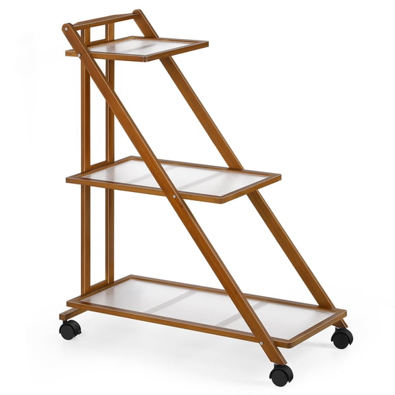 3-Tier Foldable Rolling Storage Cart, Bamboo & Glass Utility Cart with Wheels for Kitchen, Bathroom, Living Room