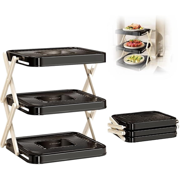 3 Tier Foldable Serving Tray Stand, Collapsible Dish Rack with X-Shaped Legs, Space Saving Platter Holder for Party Picnic Kitchen(Black)