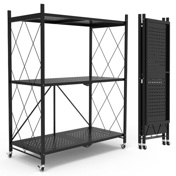 3 Tier Foldable Shelf with Wheels, Portable Carbon Steel No Assembly Organizer, Collapsible Rolling Standing Utility Storage Rack for Kitchen Pantry Office, Black