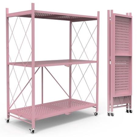 3 Tier Foldable Shelf with Wheels, Portable Carbon Steel No Assembly Organizer, Collapsible Rolling Standing Utility Storage Rack for Kitchen Pantry Office, Pink