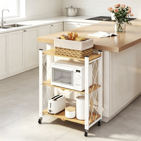 Kitchen Storage Racsk 3-Tier Foldable Shelf with Wheels – Collapsible Metal Storage Rack, No ...