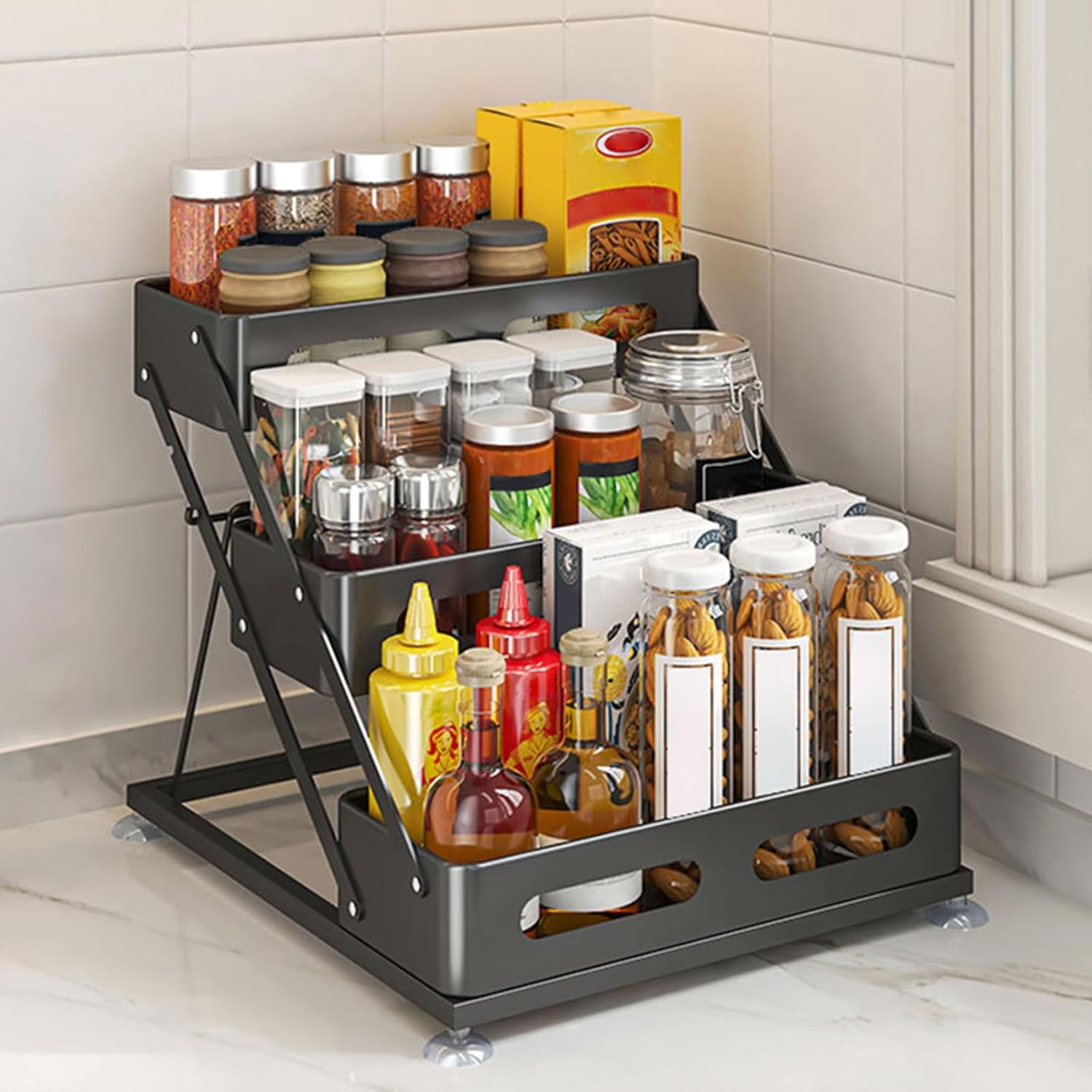 3 Tier Foldable Spice Rack for Countertop Iron Kitchen Seasoning ...