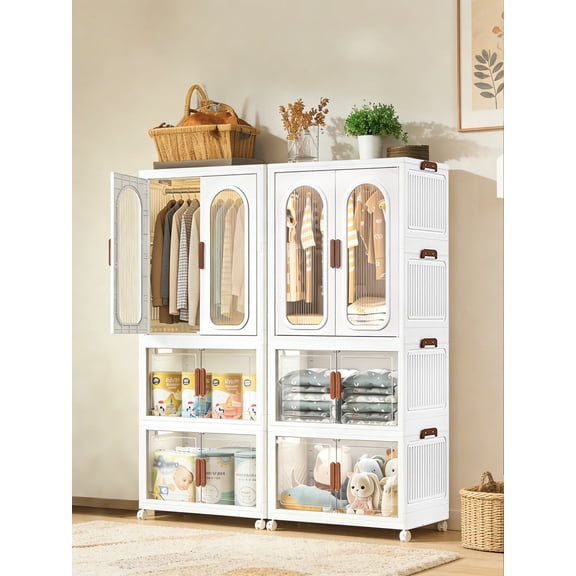 3-Tier Foldable Stackable Plastic Wardrobe, Arched Clear Magnetic Door Clothing Storage Cabinet with Rolling Wheels for Bedroom Dorm