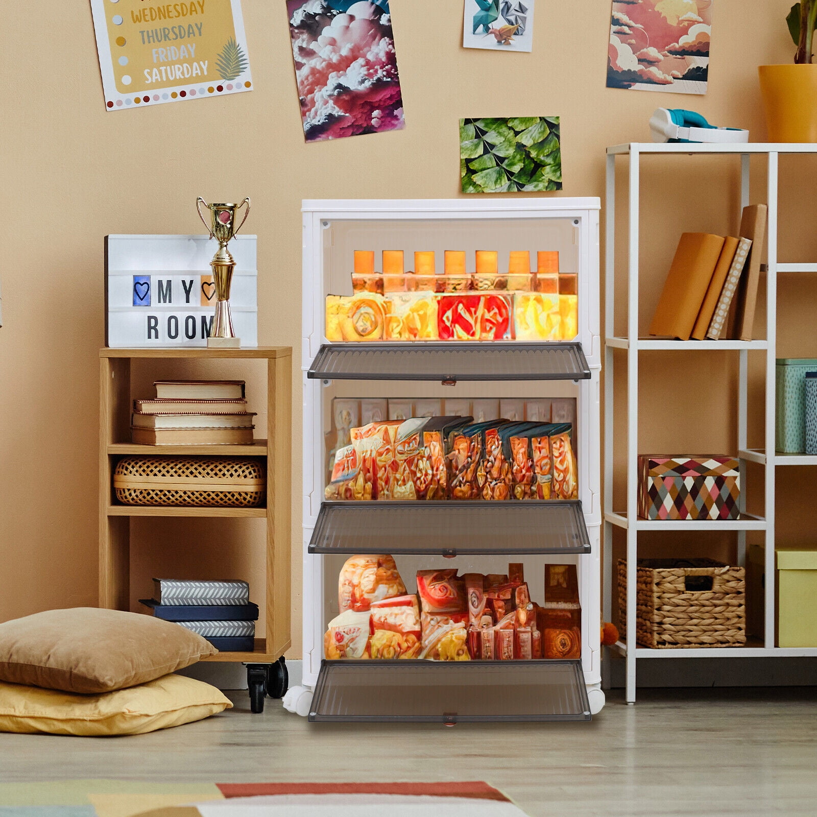 Small Container Storage Rack 3 Tier Foldable Storage Bin Collapsible Stackable Closet Organizer Lid ...