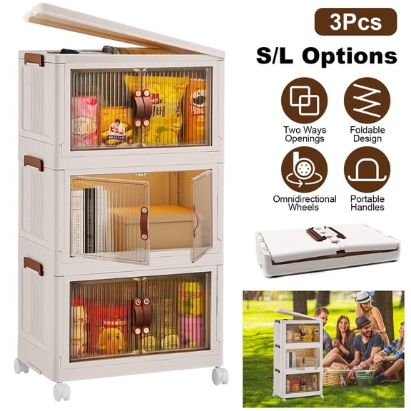 Kitchen Organization 3 Tier Foldable Storage Boxes, Plastic Stackable Containers with Wheels & Lids for Kitchen Closet Office Bathroom