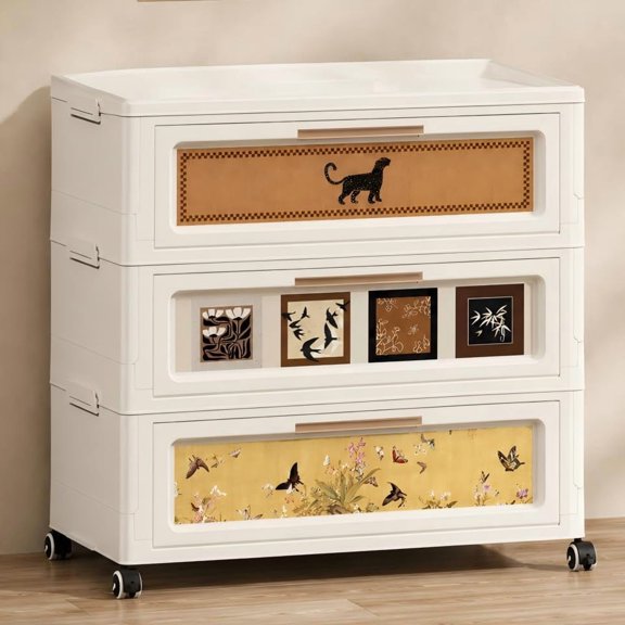 3-Tier Foldable Storage Cabinet with Wheels , Dustproof, No Assembly, ABS
