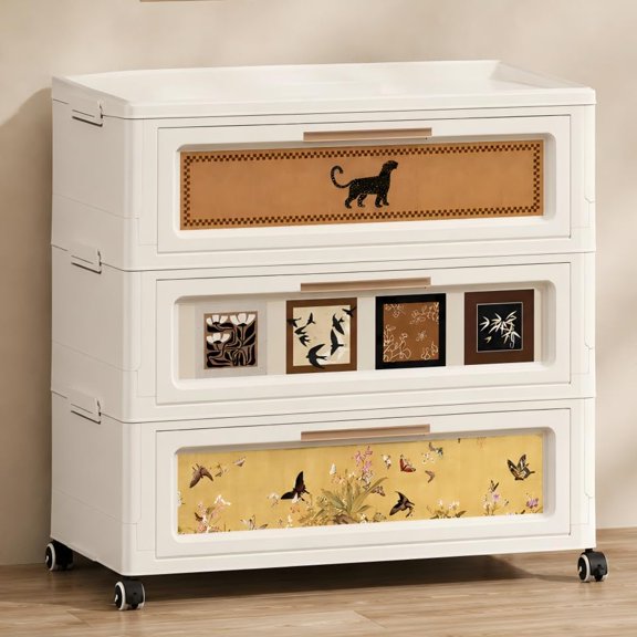 3-Tier Foldable Storage Cabinet with Wheels , Dustproof, No Assembly, ABS