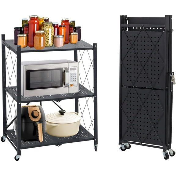 3 Tier Foldable Storage Shelf, Large Capacity Metal Shelf Rack, Rolling Bookshelf with Wheels, Wire Shelf Organizer for Kitchen, Pantry, Office, Garage, Basement, Black