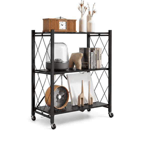 3 Tier Foldable Storage Shelf with Wheels, Collapsible Metal Rolling Organizer Rack for Kitchen Garage Pantry and Closet