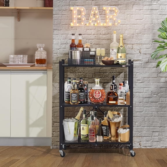 3 Tier Foldable Storage Shelves with Wheels, Freestanding Metal Wire Shelf Rack No Assembly Required Rolling Cart for Kitchen Appliance Stand Garage Basement Pantry Organizer Black