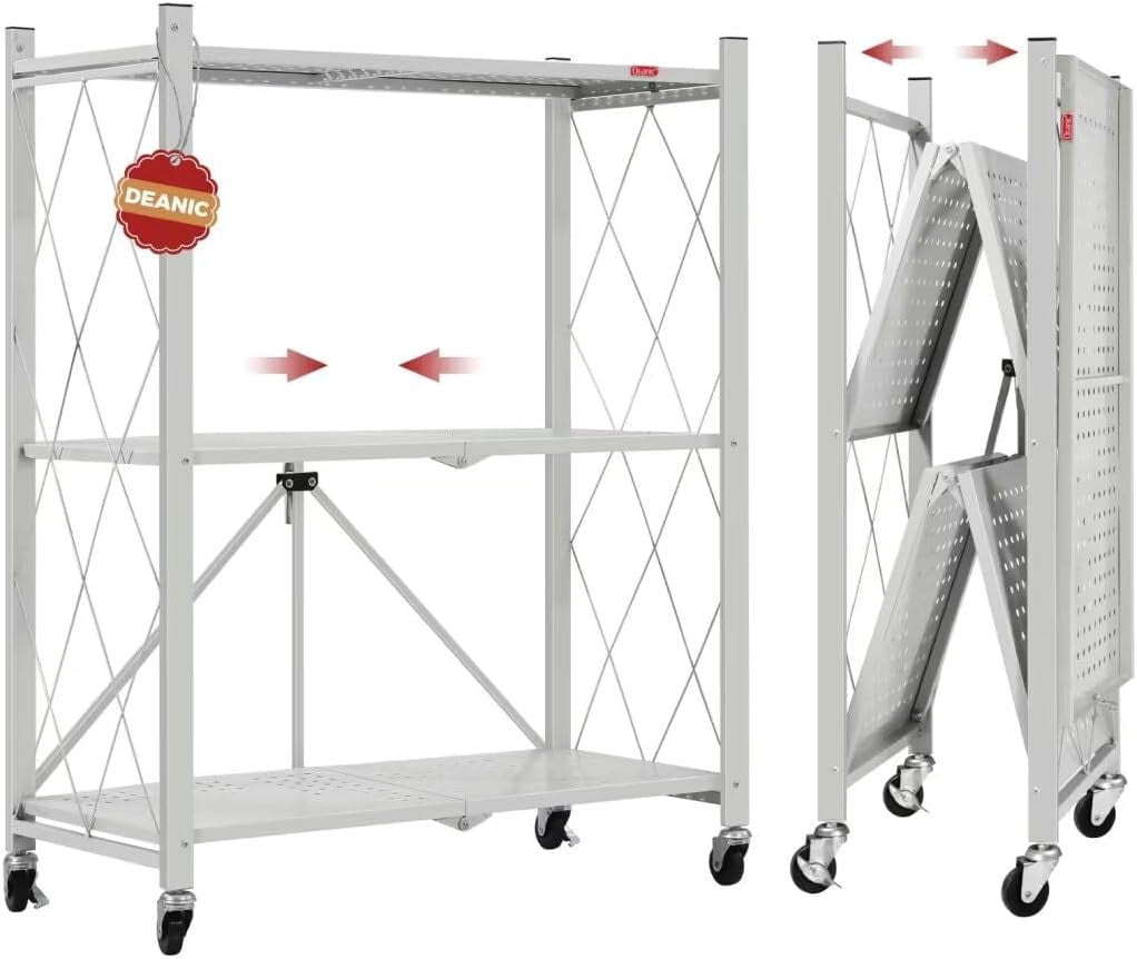 3 Tier Foldable Storage Shelves with Wheels, Kitchen Appliance Stand ...