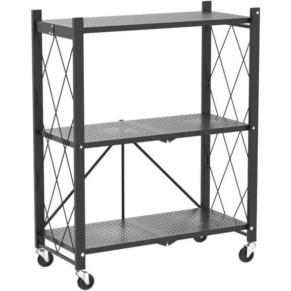 3 Tier Foldable Storage Shelves with Wheels, Kitchen Appliance Stand Freestanding Metal Wire Shelf Rack No Assembly Organizer Rolling Cart for Garage Basement Pantry Black