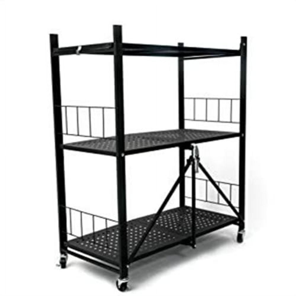 3Tier Foldable Storage Shelves With Wheels, Metal Folding Organizer