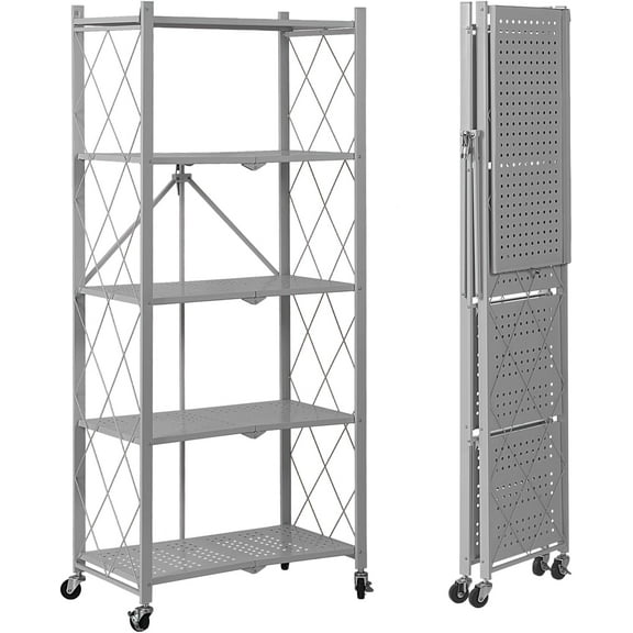 3-Tier Foldable Storage Shelves with Wheels, Heavy Duty Metal Rack Organizer for Garage, Kitchen, Basement, Pantry, Black