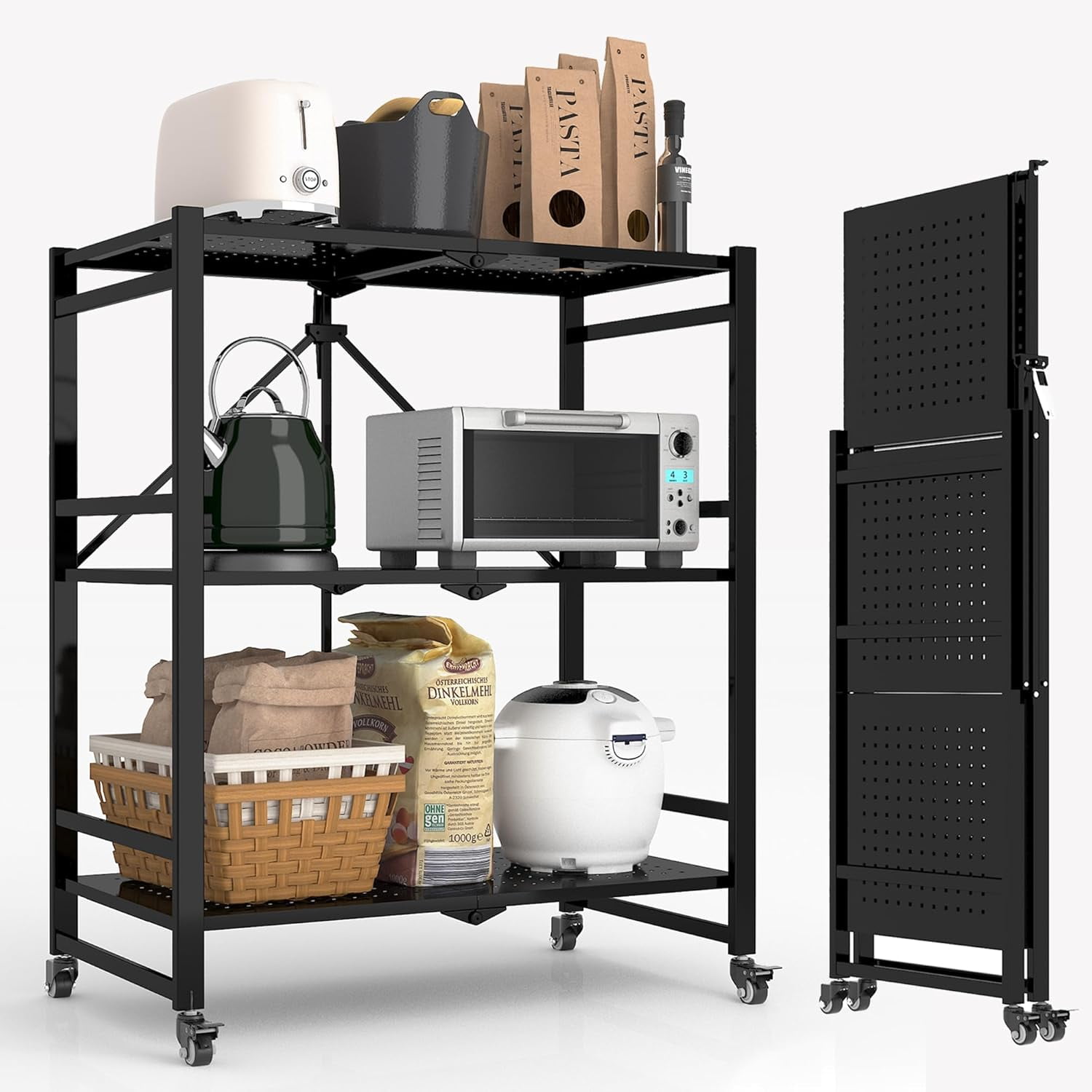 3Tier Foldable Storage Shelves with Wheels Metal Folding Organizer