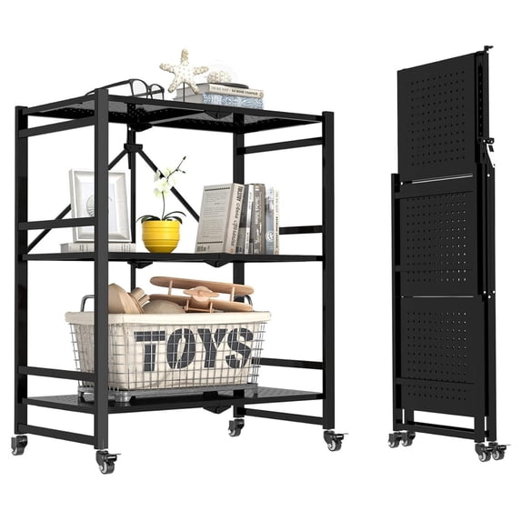 3-Tier Foldable Storage Shelves with Wheels, Metal Folding Organizer Rack, Collapsible Shelves Heavy Duty Shelving Units for Kitchen Garage (3-Tier)