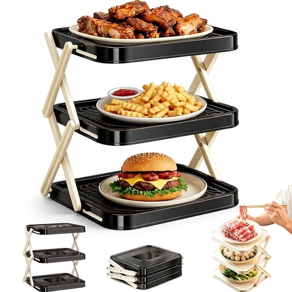 3-Tier Foldable Tiered Tray Stand, Collapsible Food Display Rack with X-Shaped Leg for Fruits Dessert Presentation Party