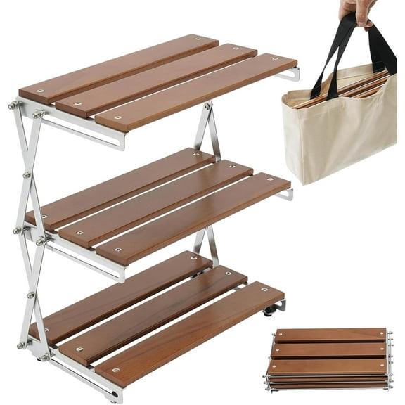 3 Tier Folding Camping Table Shelf, Portable Camping BBQ Storage Rack, BBQ Storage Rack with Carry Bag, 13"" x 6.9"" Rectangular Barbecue Table Shelf