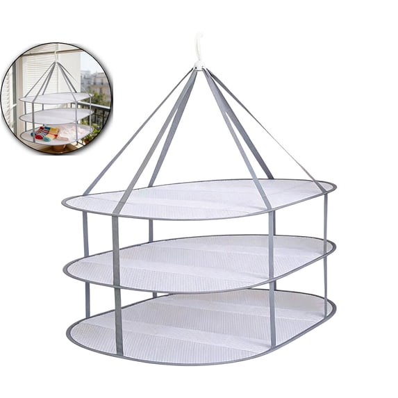 3-Tier Folding Mesh Clothes Drying Rack, Hanging Sweater Dryer for Laundry, Large Foldable Flat Dry Hanger, Portable Mesh Clothes Drying Net for Delicate Garments