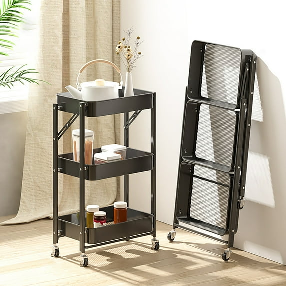 3 Tier Folding Metal Utility Rolling Cart with Lockable Wheels Mesh Wire Organizer Trolley Service Craft Cart Mobile Storage Organizer for Kitchen Bathroom Office Coffee Bar