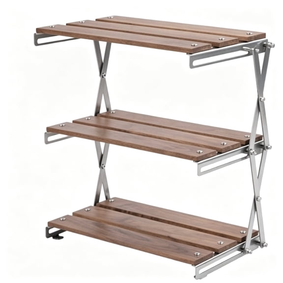 3-Tier Folding Natural Wood Storage Rack, Multi-Function Portable Desktop Organizing Shelf for Indoor Household & Outdoor Camping Picnic Use
