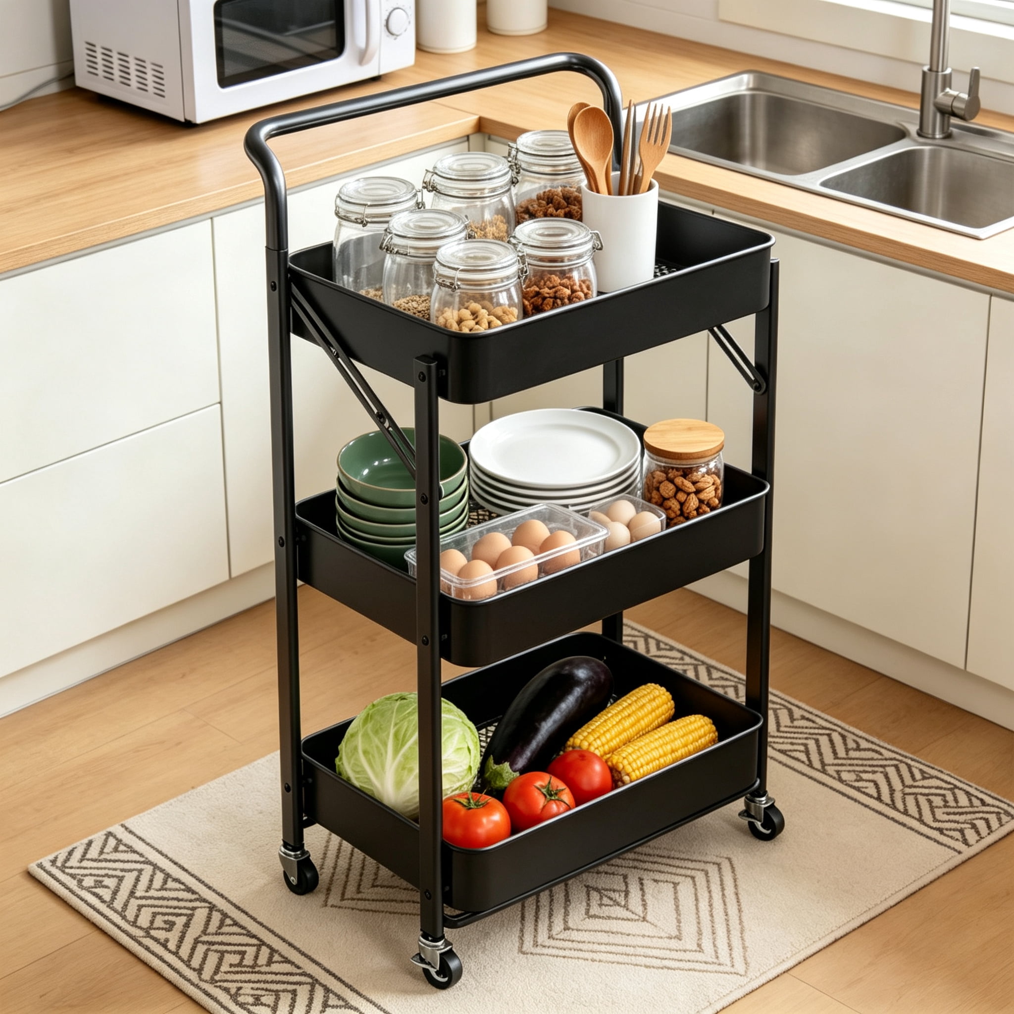 GARITIN 3 Tier Folding Rolling Cart, Folding Utility Cart with Lockable Wheels and Handle, Mobile Foldable Storage Cart Organizer for Kitchen, Bathroom, Office, Living Room, Black