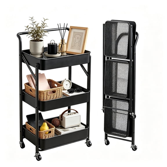 GARITIN 3 Tier Foldable Rolling Cart, No Assembly Metal Rolling Utility Cart, Mobile Storage Trolley with 360° Swivel Casters & Handle for Kitchen, Bathroom, Bedroom, Black