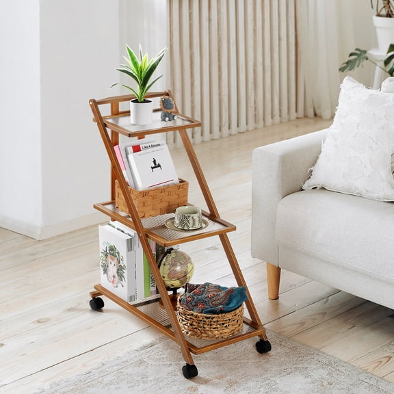 3Tier Folding Rolling Side Table Cart, Natural Color with Acrylic Shelves, Mobile End Table for Living Room Bedroom