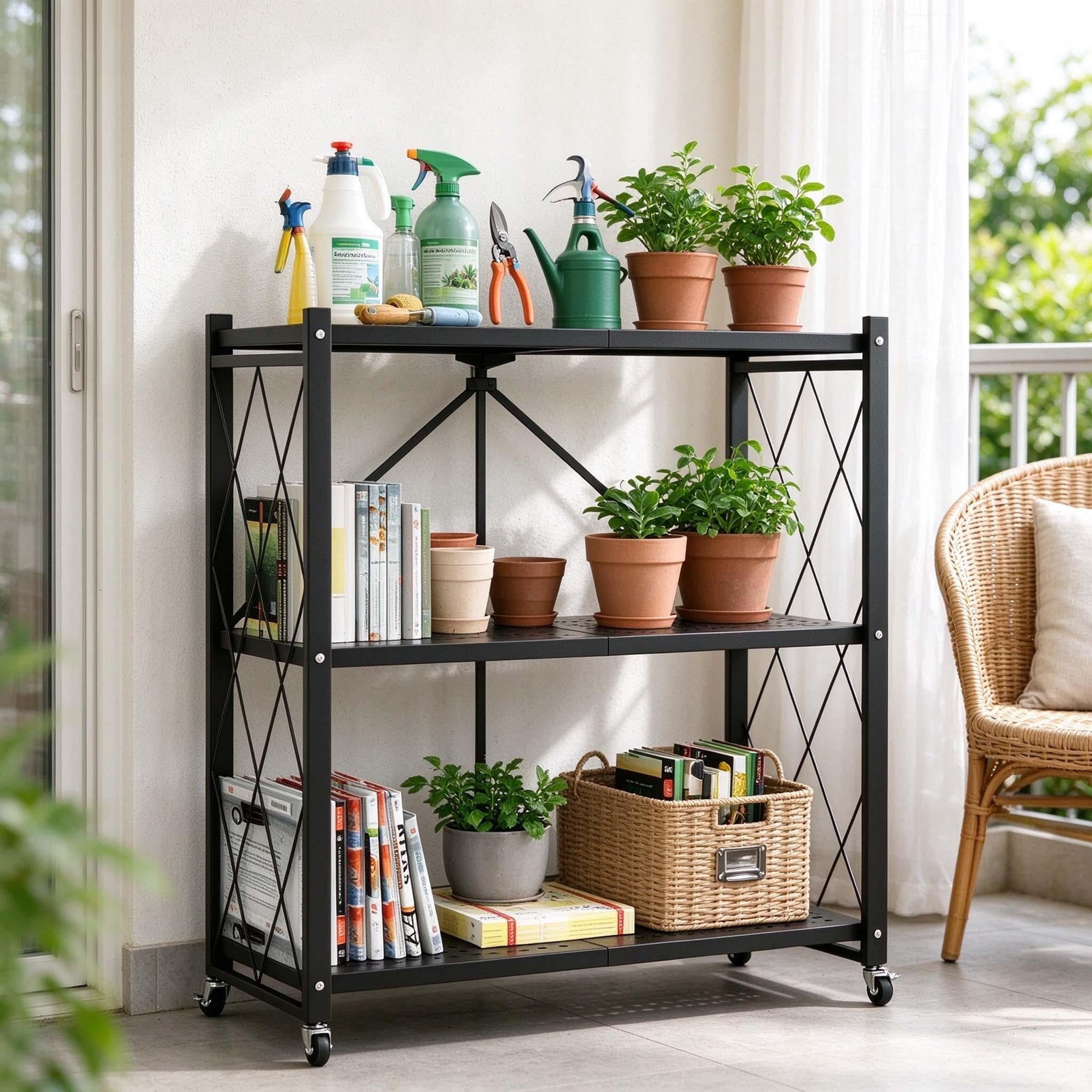 3 Tier Folding Rolling Storage Cart, Collapsible Metal Utility Shelves ...