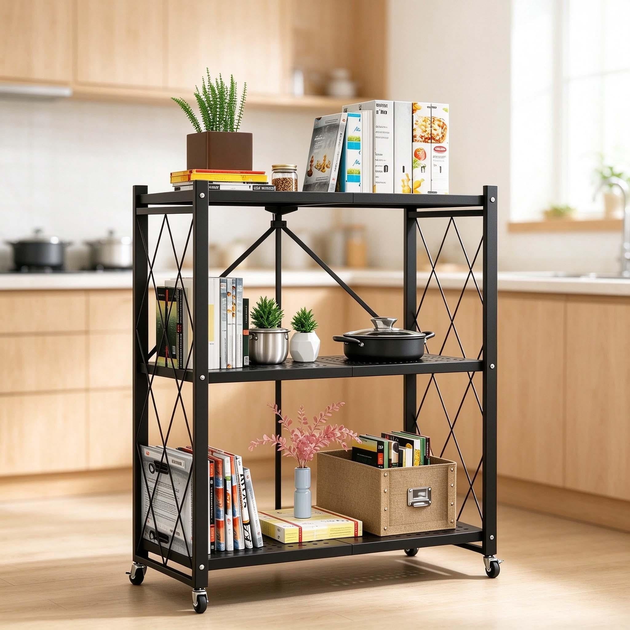 3 Tier Folding Rolling Storage Rack on Wheels, Collapsible Metal ...