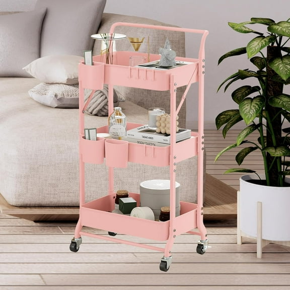 3-Tier Folding Rolling Utility Cart with Wheels, Foldable Storage Cart Organizer with 3 Hanging Cups & 6 Hooks for Kitchen, Office, Living Room, Nursery