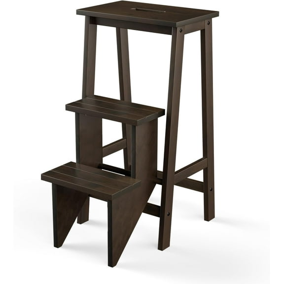 3 Tier Folding Step Stool, Rubber Wood Multifunctional Ladder Chair Bench, Portable Utility Seat, Flower Rack, 200 Lbs Capacity, Ideal for Library, Home (Coffee)