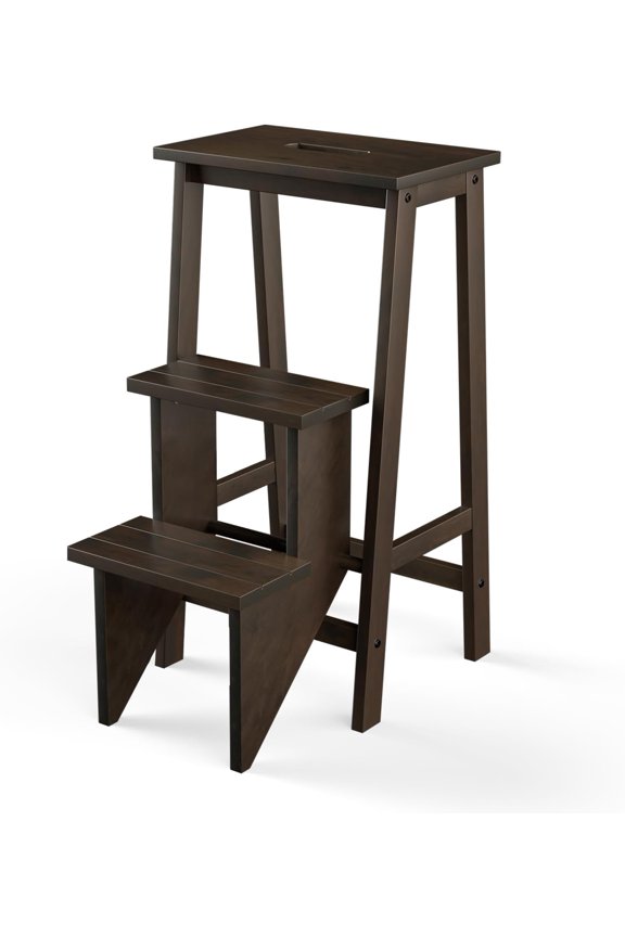 3 Tier Folding Step Stool, Rubber Wood Multifunctional Ladder Chair Bench, Portable Utility Seat, Flower Rack, 200 Lbs Capacity, Ideal for Library, Home (Coffee)