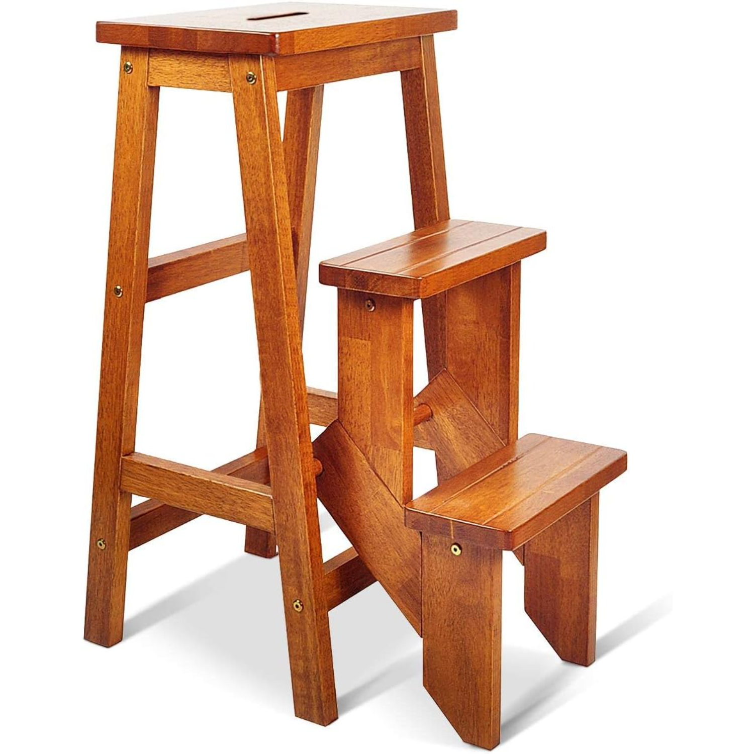 3 Tier Folding Step Stool Rubber Wood Multifunctional Ladder Chair
