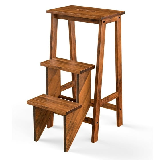 3 Tier Folding Step Stool, Rubber Wood Multifunctional Ladder Chair, Portable Utility Seat, Flower Rack, 200 Lbs Capacity, Ideal for Library, Home (Brown)