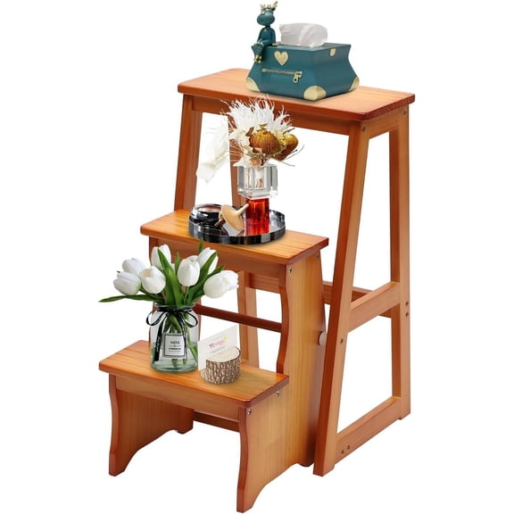 3 Tier Folding Step Stool,Wood Ladder,Folding Library Ladder Chair,Portable Multifunctional Step Stool for Home, Office,Library (Honey)