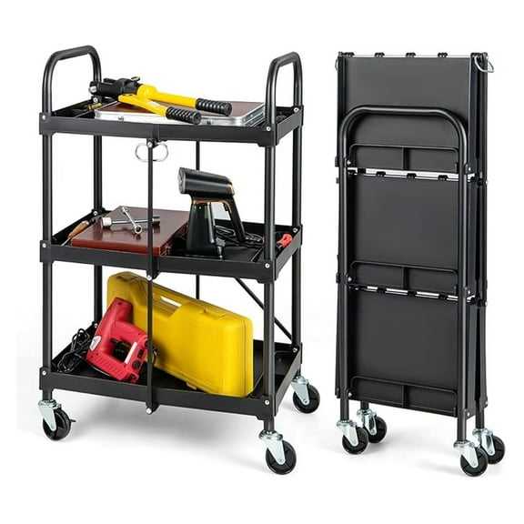 3-Tier Folding Storage Cart on Wheels - Rolling Tool Organizer with Universal Wheels & Handrails, Portable & Collapsible Service Cart for Garage, Warehouse, Home