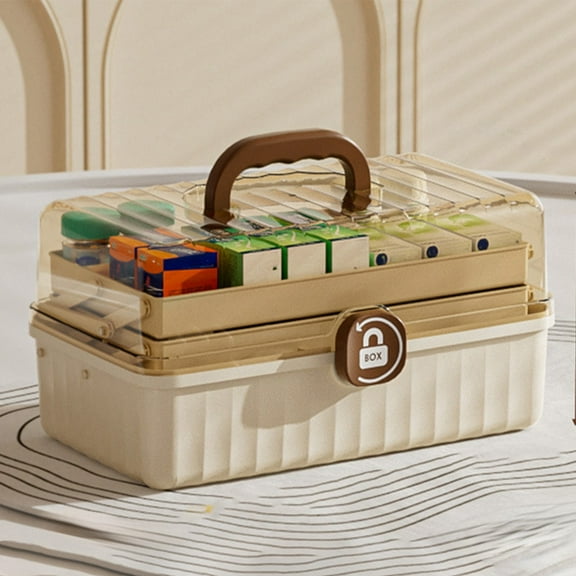 3-Tier Folding Tray Plastic Organizer Box | Portable Lockable Storage Container for Arts, Cosmetics, Sewing & Toys | 12 x 8 x 6.5 Inches | White | Handle & Clear Lid | Multi-Purpose Home & Travel Use