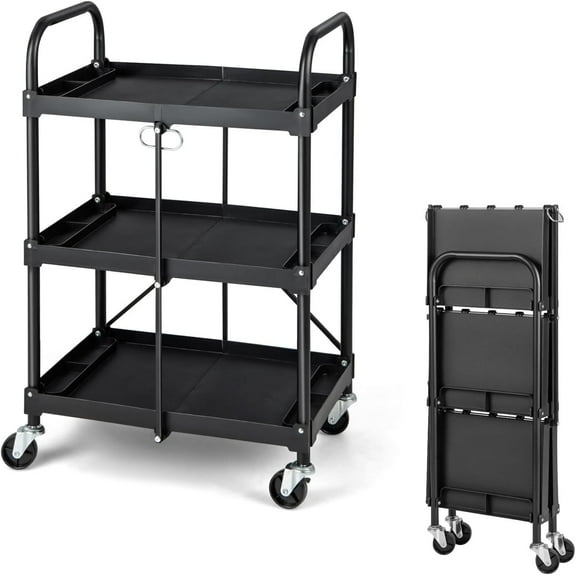 3-Tier Folding Utility Cart, Collapsible Storage Tool Cart with Lockable Wheels & Handrails, Heavy-Duty Metal Frame Service Cart, Portable Rolling Cart for Home Office Garage Kitchen, Black