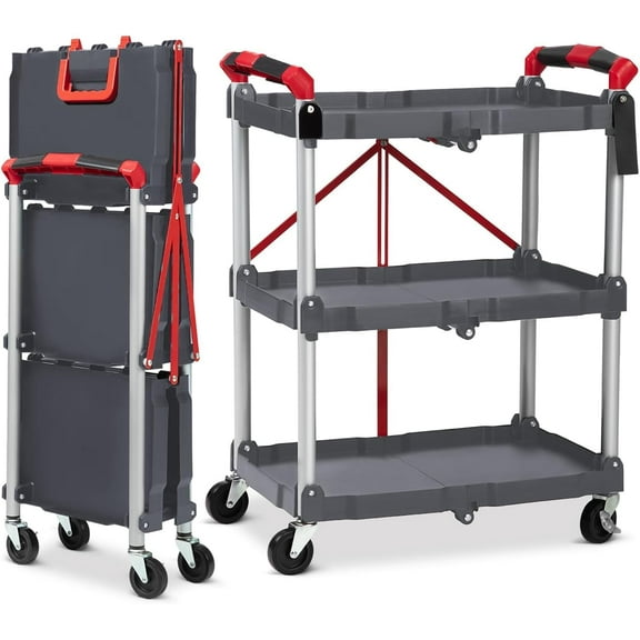3-Tier Folding Utility Cart with Wheels, 168LB Total Capacity and 56LB/Shelf, Collapsible Service Cart for Garage, Kitchen, Office, Space-Saving Design, No Assembly Required