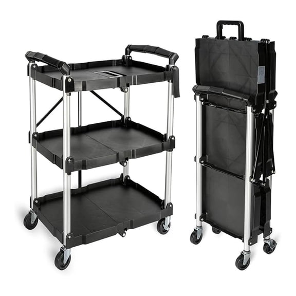 3-Tier Folding Utility Cart with Wheels - Portable Folding Service Cart 330LBS Load Heavy Duty Collapsible Rolling Cart for Warehouse Home Workshops Garages Restaurants Offices