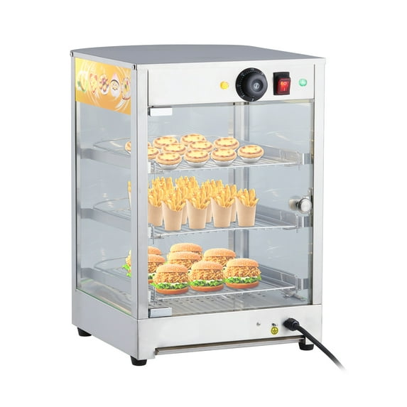 3-Tier Food Warmer,800W Commercial Food Warmer Display Electric Countertop Food Pizza Warmer with 3D Heating,Bottom Fan,Pastry Display Case with Temperature Knob,Stainless Steel Frame Glass Door